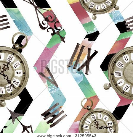 Vintage Old Clock Pocket Watch. Watercolor Background Illustration Set. Seamless Background Pattern.