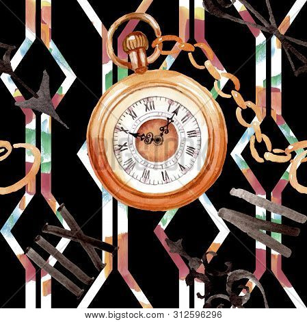 Vintage Old Clock Pocket Watch. Watercolor Background Illustration Set. Seamless Background Pattern.
