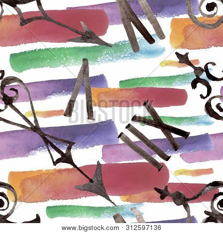 Vintage Old Clock Pocket Watch. Watercolor Background Illustration Set. Seamless Background Pattern.