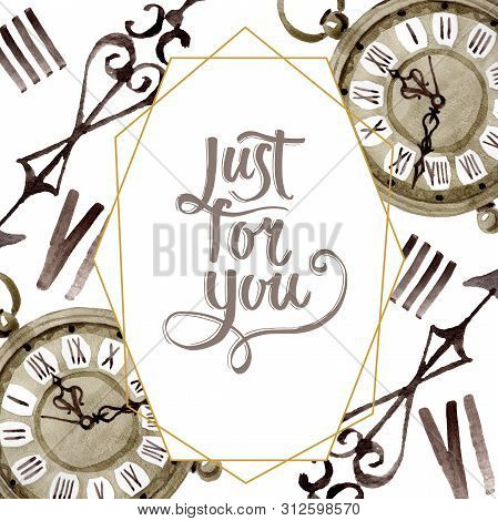 Vintage Old Clock Pocket Watch. Watercolor Background Illustration Set. Frame Border Ornament Square
