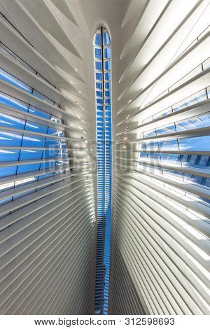 NEW YORK CITY- MARCH 25, 2018 : interior view of The Occulus World Trade Center station design by architect Manhattan Landmarks in New York City USA