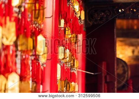Yunlin, Taiwan - July 13th, 2019: golden tablet wall at Beigang Chaotian Temple, Yunlin, Taiwan, Asia