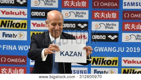 Gwangju, South Korea - Jul 21, 2019. Julio Maglione, President Of Fina, Presents The Name Of Kazan D