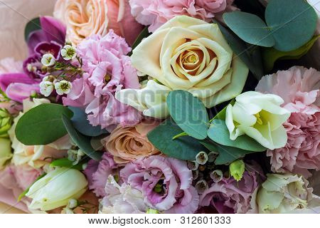 Bouquet Of Flowers In Gentle Tones Close Up Floral Background