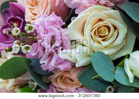 Bouquet Of Flowers In Gentle Tones Close Up Floral Background