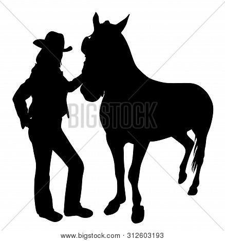 Cowgirl Standing With Horse. Isolated White Background. Eps File Available.