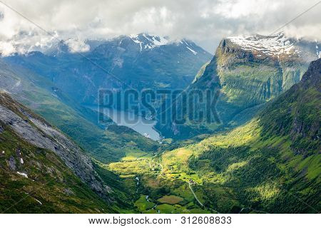 View To The Geiranger Fjord With Green Valley Surrounded By Mountains, Geiranger, Sunnmore Region, M