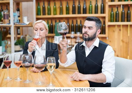 Young serious male cavist and his colleague checking smell and flavor of wine