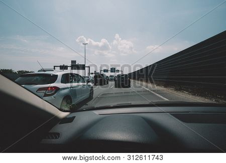 Paris, France - Jul 15, 2018: Driver Pov Personal Perspective And The Front Driving Renault Car In T