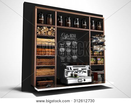 Concept Coffee Shelf With Glass Jars With Coffee Coffee Machine Tea For Sale Coffee 3d Render On Gra