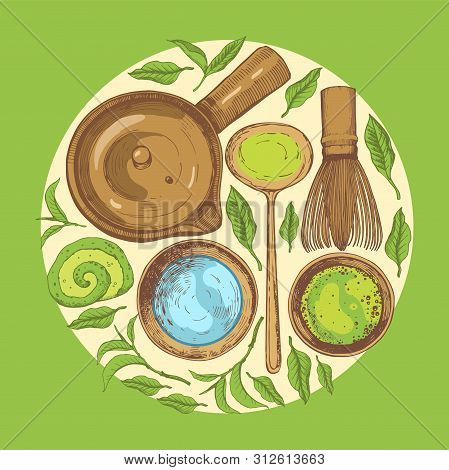 Matcha Vector Illustration With Food And Drink Sketch. Round Compositions. Japaneese Ethnic And Nati