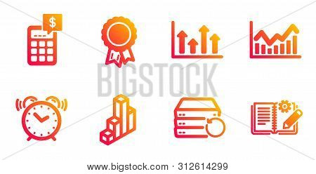 Recovery Server, Alarm Clock And Infochart Line Icons Set. Calculator, 3d Chart And Upper Arrows Sig