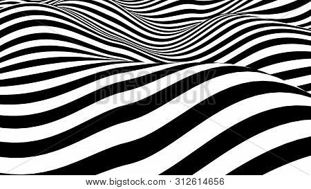 Optical Illusion Wave. Abstract 3D Black And White Illusions. Horizontal Lines Stripes Pattern Or Ba