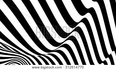 Optical Illusion Wave. Abstract 3D Black And White Illusions. Horizontal Lines Stripes Pattern Or Ba