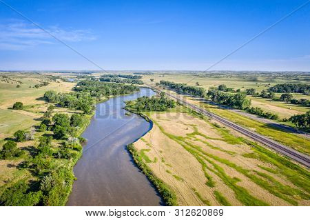 Aerial landscape of Nebraska Sandhills with the MIddle Loupe River near Dunning