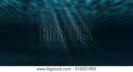 Sun And Sunbeams Underwater Shining Through The Ocean Surface. Sea Deep Underwater Background