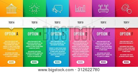 Carousels, Report Diagram And Megaphone Line Icons Set. Infographic Timeline. Wifi, Rank Star And Di