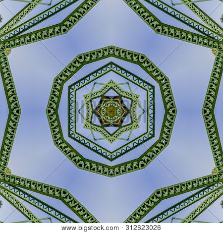 Symmetrical Angular Circle Design Created From Doubling A Photo Of A Green Bridge In California
