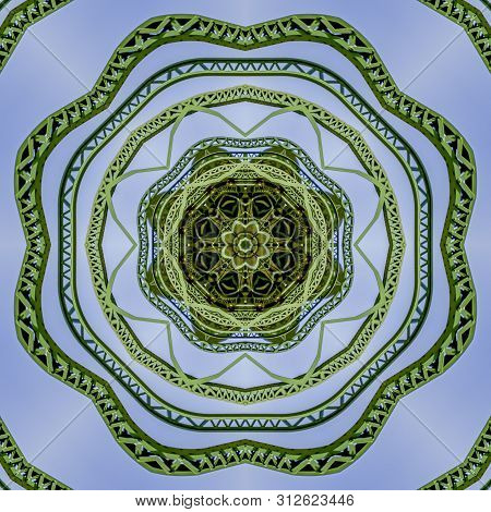 Circular Green Metal Bars Design Created Using Reflections In A Rounded Shape From A Bridge In Calif