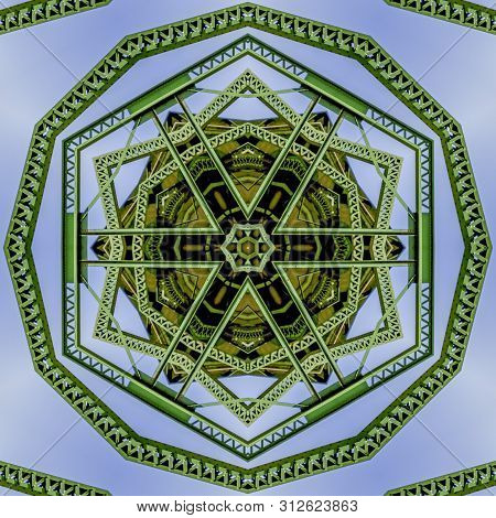 Patterned Cirlcular Photo Created From The Shapes Of A Green Bridge In California