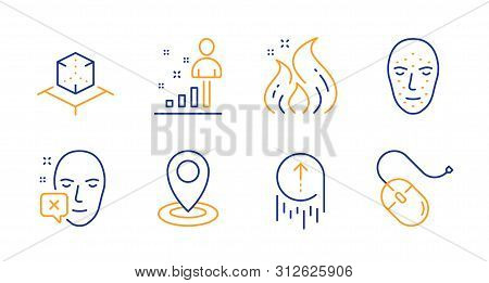 Face Biometrics, Face Declined And Swipe Up Line Icons Set. Fire Energy, Augmented Reality And Stats