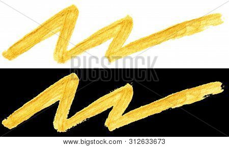 Yellow Gold Colored Doodle Crooked Stroke Isolated On Black And White Backgrounds. Hand-drawn Golden