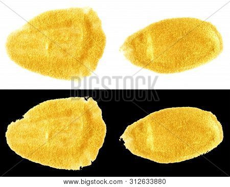 Yellow Gold Colored Doodle Smear Spot Isolated On Black And White Backgrounds. Hand-drawn Golden Acr