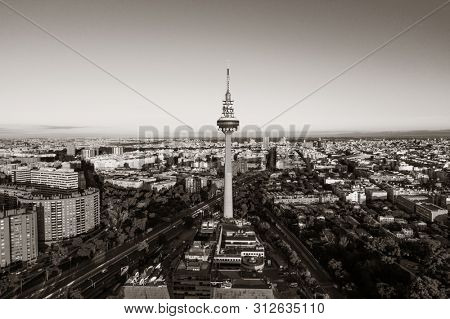 MADRID, SPAIN â MAY 13, 2018: Torrespana or Spain Tower is a television tower for National terrestrial television channels RTVE, Telecinco, Antena 3 and Telemadrid.