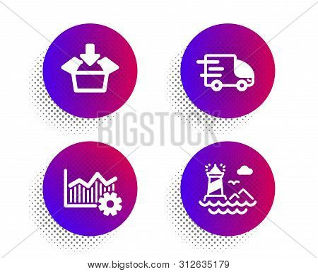 Truck Delivery, Operational Excellence And Get Box Icons Simple Set. Halftone Dots Button. Lighthous
