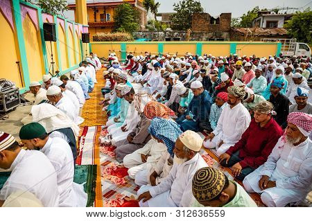 Bhairahawa, Nepal - June 5 2019: Nepali Muslim People Offering Eid Prayers.