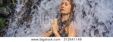 Young Woman Tourist In Holy Springs Sebatu In Bali Banner, Long Format