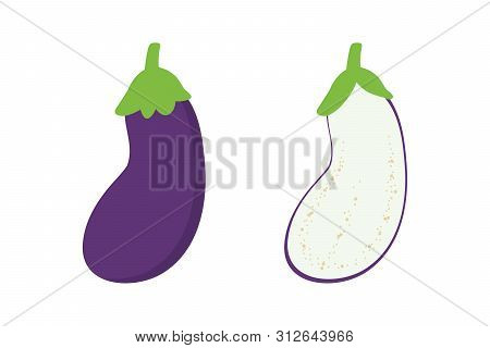 Cute Cartoon Style Vector Eggplant Or Aubergine, Whole And Cut In Half For Harvest, Cooking Design.
