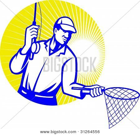Volar pescador pesca Retro grabado en madera