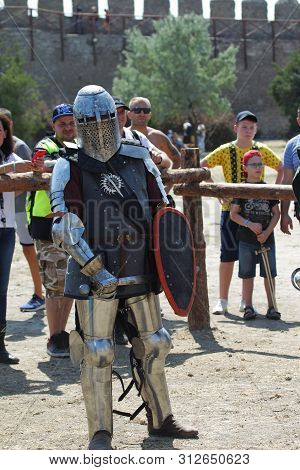 Odessa, Ukraine - July 20, 2019: Battle Of The Knights With Medieval Weapons At The Medieval Perform