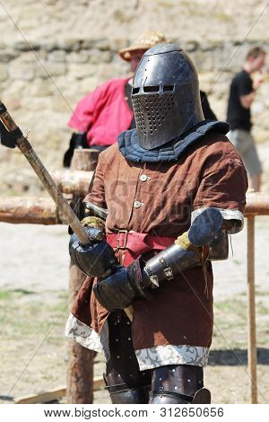 Odessa, Ukraine - July 20, 2019: Battle Of The Knights With Medieval Weapons At The Medieval Perform