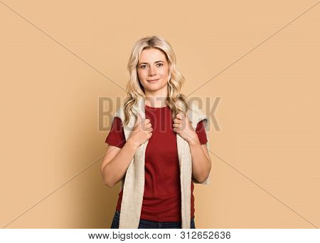Blonde Woman Adult Attractive Beautiful Portrait En Face, Cauasian And Scandinavian Girl On Yellow B