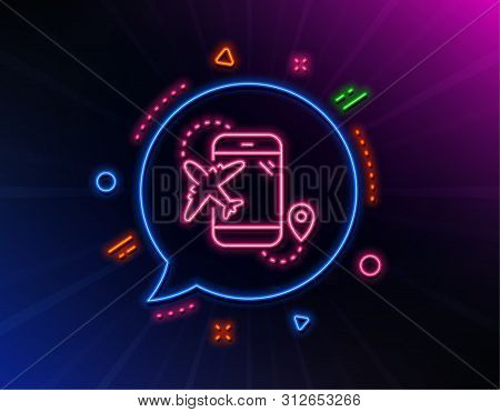 Airplane Travel Line Icon. Neon Laser Lights. Trip Flight Destination Sign. Holidays Symbol. Glow La