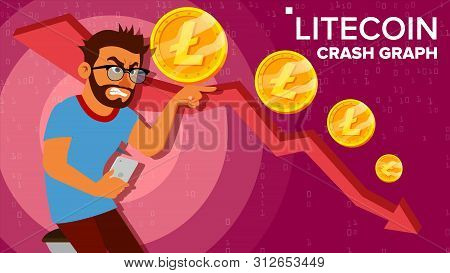Litecoin Crash Graph . Surprised Investor. Negative Growth Exchange Trading. Collapse Of Crypto Curr