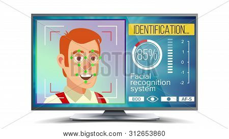 Face Recognition And Identification . Face Recognition Technology. Face On Screen. Human Face With P