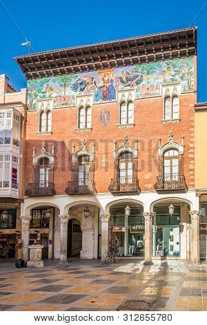 Palencia,spain - May 13,2019 - View At The Painted Fascade Of Villandrando College In Palencia. Pale