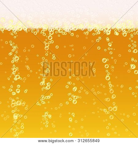 Beer Background Texture With Foam And Vubbles. Macro Of Frefreshing Beer.