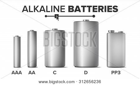 Alkaline Batteries Mock Up Set . Different Types Aaa, Aa, C, D, Pp3, 9 Volt. Standard Modern Realist
