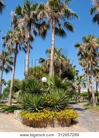 Malia. Crete, Greece - Juni 18, 2019: Garden At Luxury Hotel In Malia On Crete, Greece
