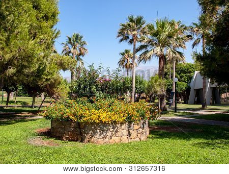 Malia. Crete, Greece - Juni 18, 2019: Garden At Luxury Hotel In Malia On Crete, Greece
