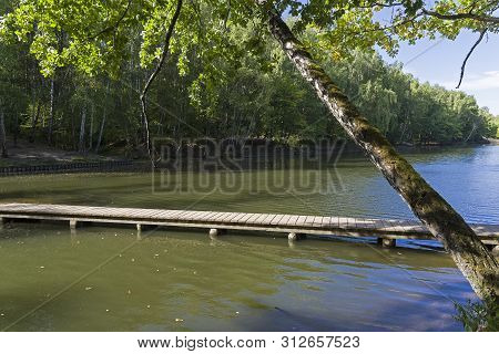 Pond In The Landscape Reserve Teply Stan, Moscow, Russia. Footbridge Across A Small Bay. Sunny Day I