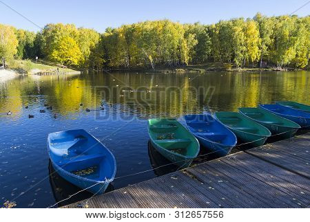 Boat Station Closed At The End Of The Season. Pond In The Landscape Reserve Teply Stan, Moscow, Russ