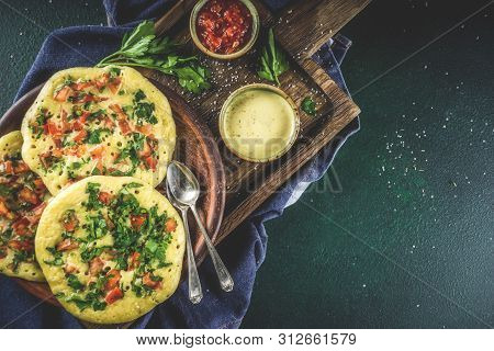 Indian Traditional Food Recipes, Uttapam Oats Or Semolina Pancakes With Fresh Vegetables And Herbs, 