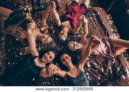Top Above High Angle Closeup View Photo Of Five Laughing Excited Pretty Charming Lovely Cute Multiet