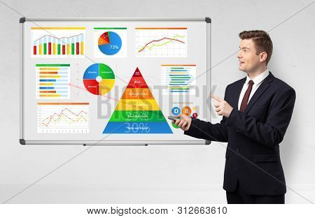 Handsome businessman presenting health reports on white board with laser pointer