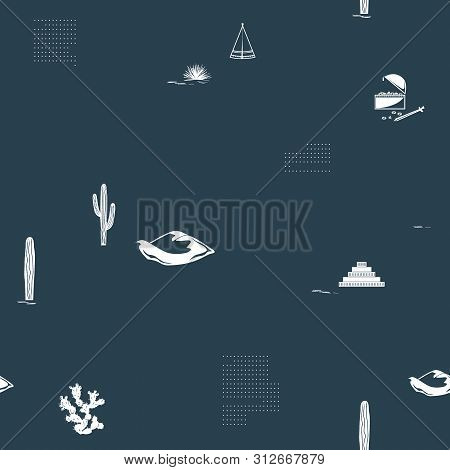 Stylish Vector Seamless Pattern With Desert Dunes, Cactuses, Prickly Pear, Indian Tents, And Treasur